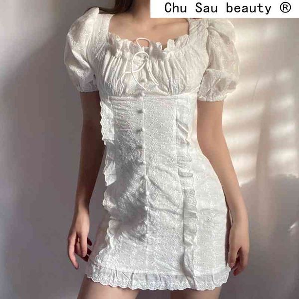

fashion casual chic hollow out cotton mini dress women vintage style ruffles v-neck puff sleeve dresses female vestidos 210508, Black;gray