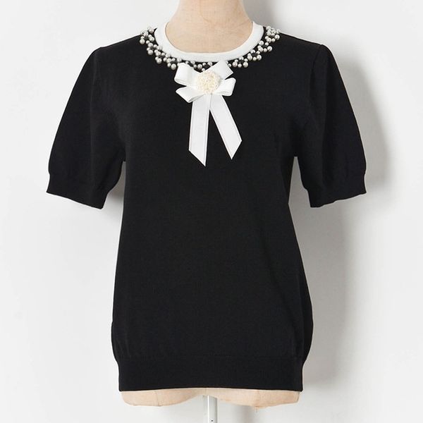 

sweaters summer women knit 2021 fashion cute bows pearl beaded short sleeve thin sweater shirt white black loose knitwear