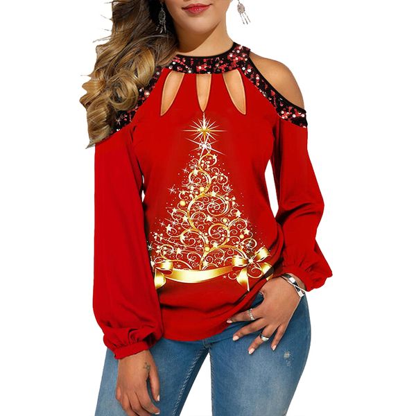 

sequin detail christmas tree print cold shoulder t shirt, White