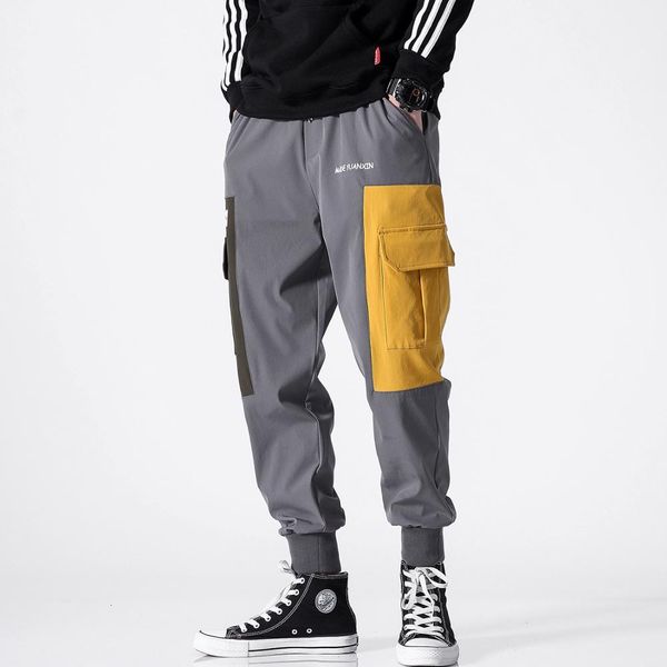 

autumn men joggers men's big pockets hare cargo male pants streetwear overalls sweatpants hip hop abz481, Black