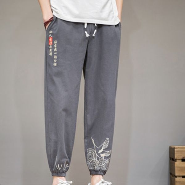 

traditional chinese pants man embroidery harem pants men japanese style harajuku streetwear loose cotton bottom trousers 10652, Red