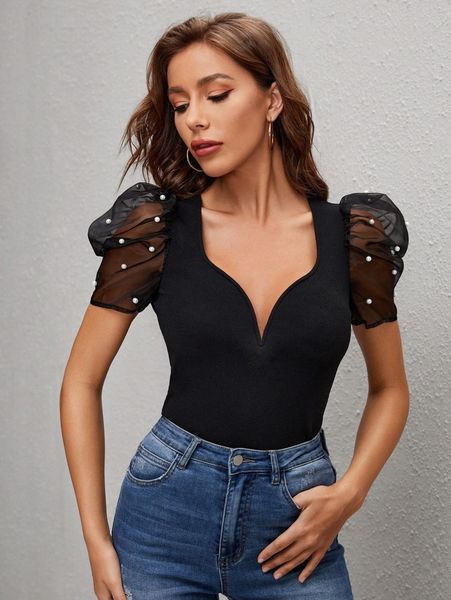 

pearl beaded sheer mesh puff sleeve 352g#, White