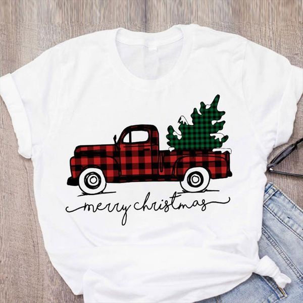 

graphic cartoon plaid truck women t shirts tree holiday year merry christmas clothing female printed lady tees shirt, White