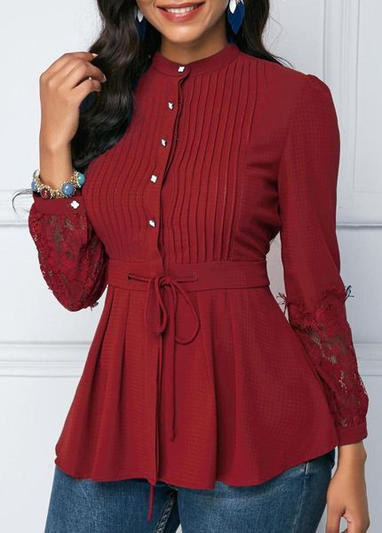 

women's blouses & shirts women girl autumn summer vintage printed stand collar blouse shirt full sleeve loose ruffles with sashes, White