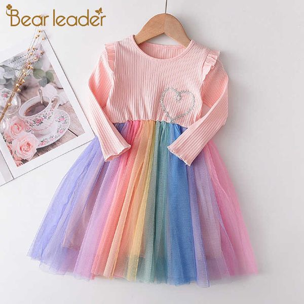 

bear leader spring autumn girls dresses long sleeve princess children clothes cotton outfits with embroidery mesh dress for girl 210708, Red;yellow