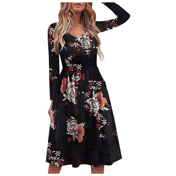 

casual dresses floral printing dress women autumn fashion long sleeve v-neck knitted tunic knee-length korean elegant dames kleding, Black;gray