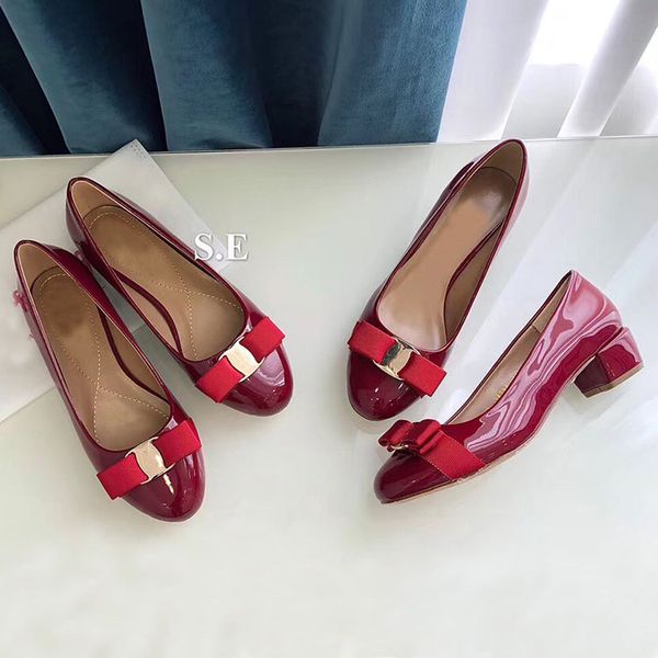 

sf shoes family thick heel single bow tie bottom round head paint leather small red work, Black