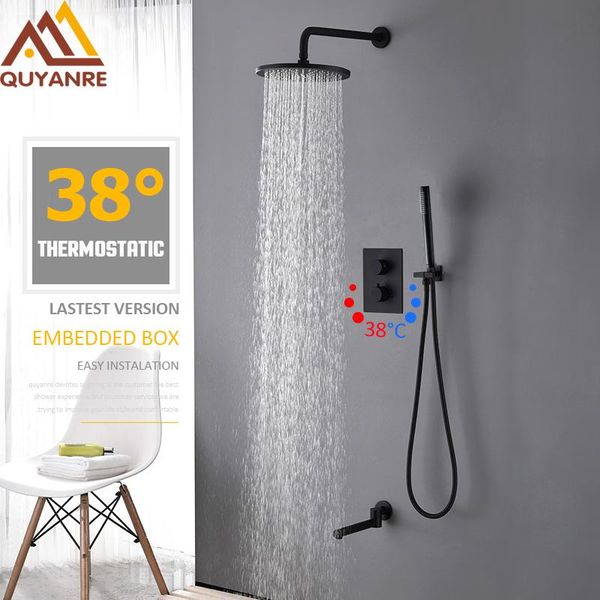 

quyanre 3-way matte black thermostatic bath shower faucet round embedded box mixer swivel tub spout bathroom sets