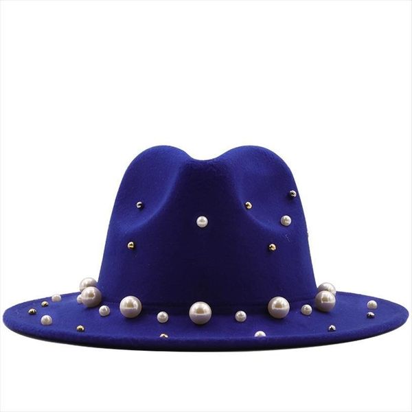 

women men wool fedora hat with big pearl gentleman elegant lady winter autumn wide church panama sombrero jazz cap, Blue;gray