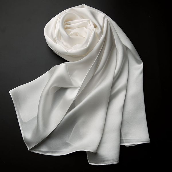 Натуральный шелковистый длинный сплошной цвет большие шали обернутые сатинские шарф реальный шелковый белый Femme женская мода