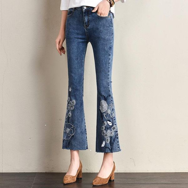 

women's jeans fashion spring embroidery pants female denim casual capris plus size cotton blend high waist ealstic tyn0920, Blue