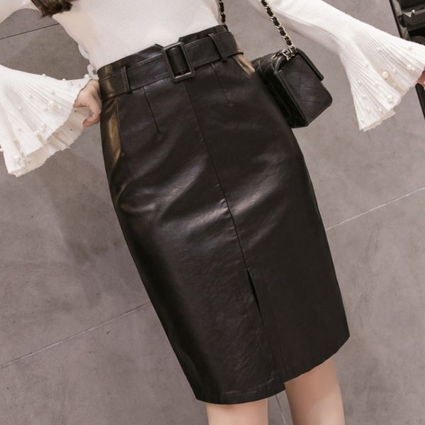 

skirts spring black leather slim midipencil belt temperament split knee length ryup