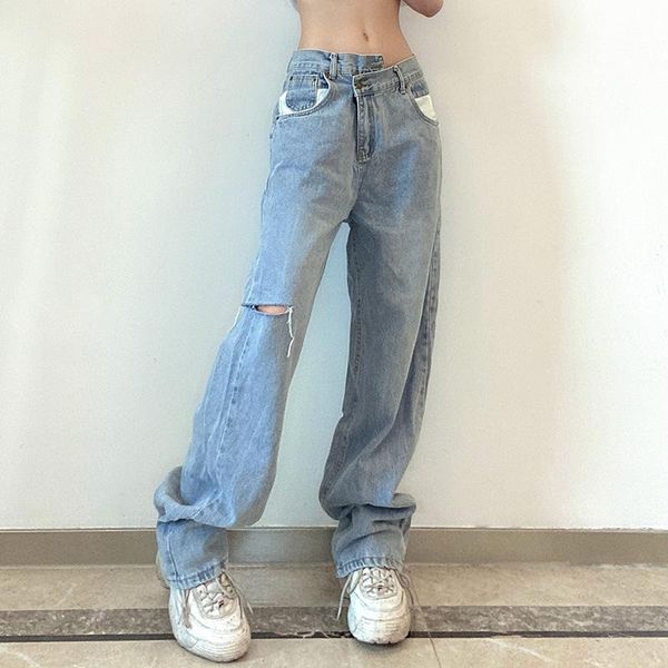 

women's jeans vintage asymmetrical waist hole straight womens loose denim pants 2021 casual wide leg streetwear mom, Blue