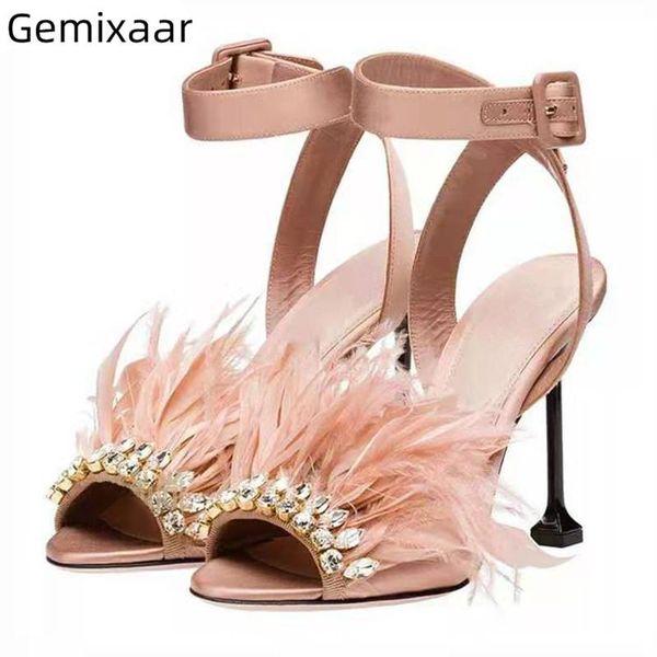 

ankle strappy luxury satin sandalias mujer goblet heel peep toe jeweled feather 2021 summer gladiator sandals women, Black