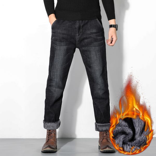 

men's jeans plus size 42 44 46 winter thick warm business casual black stretch denim loose pants brand trousers 0b7b, Blue