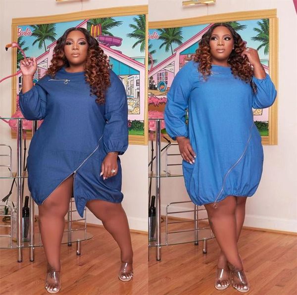 

casual dresses fashion women denim plus size clothes o-neck full sleeves zipper split knee-length loose party lady 2021, Black;gray
