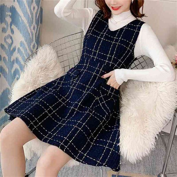 

a-line tweed dress two piece set women's fashion solid knit pullover and black/blue plaid pocket woolen vest 210602, Black;gray