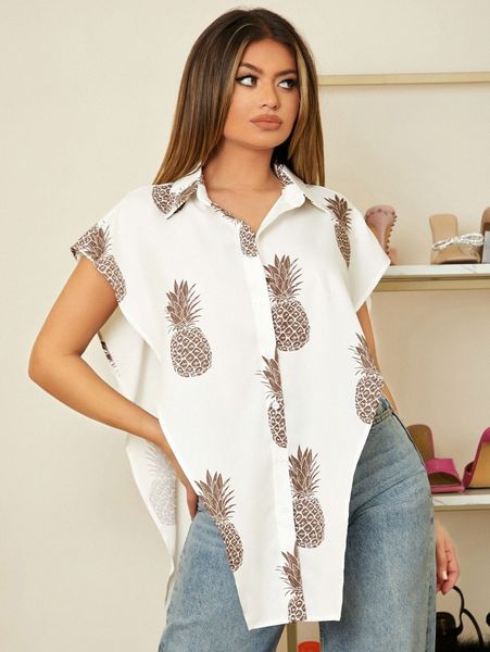 

sxy pineapple print split hem blouse q1pi#, White