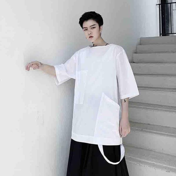 

short sleeve men's asymmetric fashion pullover half shirt trendy personality summer club big pocket casual shirts, White;black