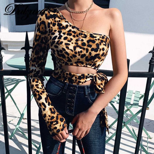 

leopard print women crop t shirt shoulder bandage hollow out bodycon streetwear 2021 autumn winter clothes, Black;white