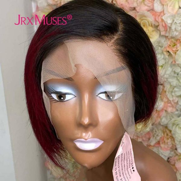 

lace wigs 1b99 27 brown burgundy ombre colored bob t part brazilian short straight human hair pre plucked wig for blcak women, Black;brown