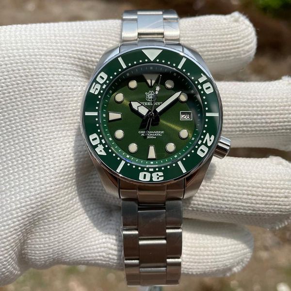 

wristwatches sd1971 arrival 2021 steeldive brand 45mm men wristwatchblue ceramic bezel bgw9 blue luminous automatic nh35 dive watch, Slivery;brown