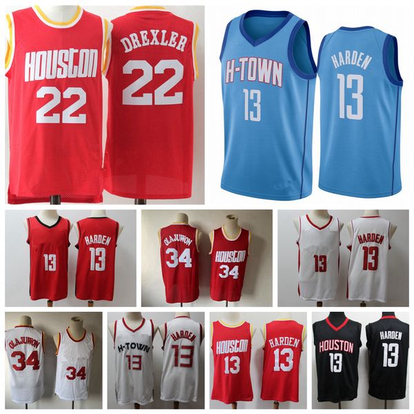 

2021 mens youth kids james 13 harden basketball jerseys houstons stitched retro classic 1 mcgrady 34 hakeem olajuwon 22 clyde drexler jersey, Black;red