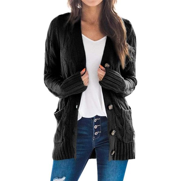 Herbst Damen Twist Muster Einreiher Strickjacke Lässig Schwarz Lose Damen Winterkleidung Dames Trui Lange Mouwen 210604