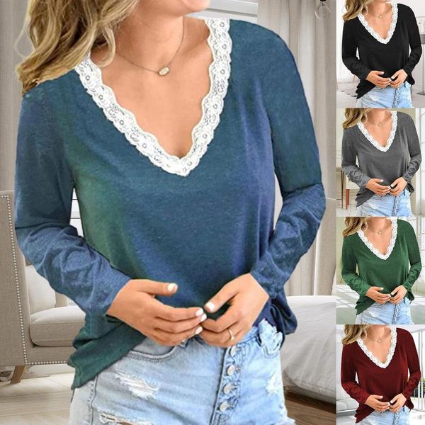 

women's t-shirt pure color long sleeve women tshirts lace patchwork v-neck t shirt for loose tees pullovers femme t-shirts, White