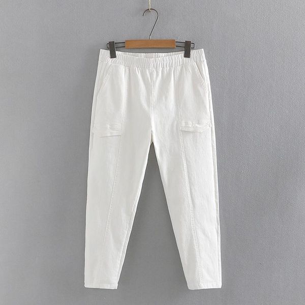 

plus size pants women's white black full cotton slim xl-4xl elastic waist solid color officewear