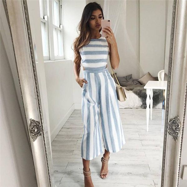 

women's jumpsuits & rompers women casual office long wide leg pants striped overalls sleeveless hollow out one piece clothes jumpsuit, Black;white