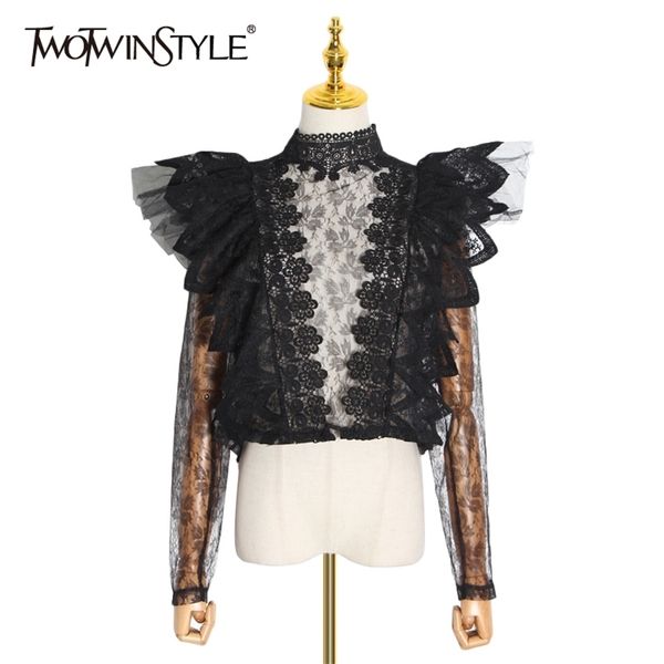 

patchwork lace elegant shirt for women stand collar long sleeve casual white blouse female fashion clothing 210524