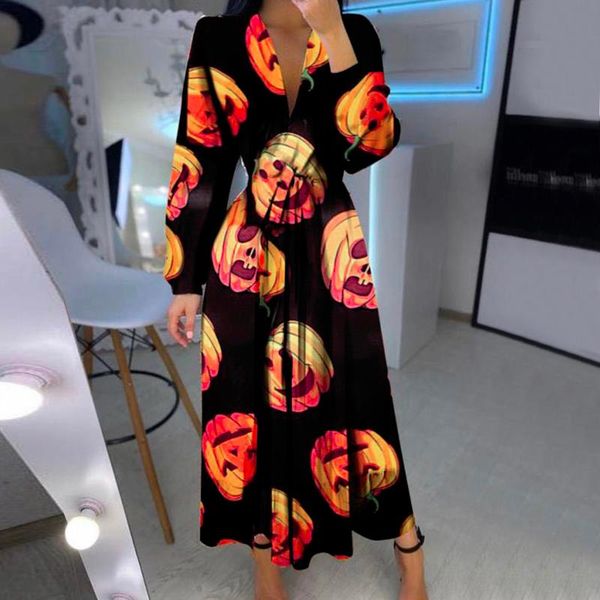 

casual dresses 40# autumn halloween pumpkin printed dress women low-cut long-sleeved maxi elegant vintage, Black;gray