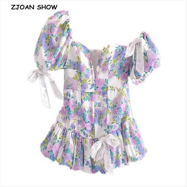

retro spliced bow bandage floral womens dresses print mini short lantern sleeve one shoulder party, Black;gray
