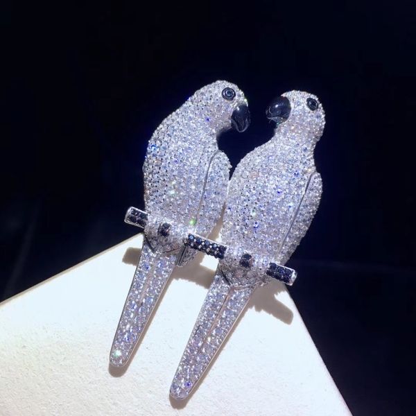 Unisex Double Parrots Broche Pins 925 Sterling Prata com Zircão Cúbico Top Quality Homem Mulheres Jóias moda