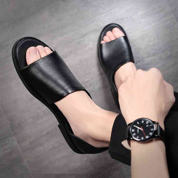 

slippers summer men's sandals soft leather breathable non-slip beach shoes zapatos hombre men x8w1, Black