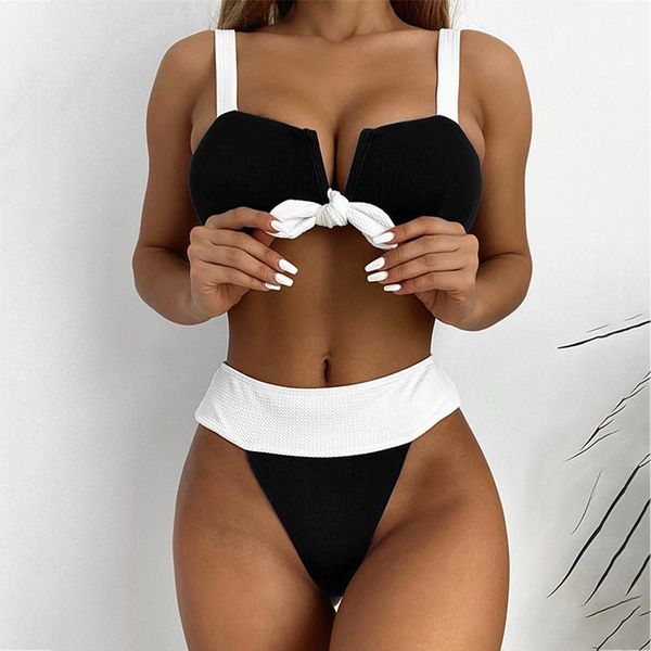 

women's swimwear mossha bandeau push up bikini set patchwork ribbed swimsuit high cut women retro beachwear blue bathing suit, White;black