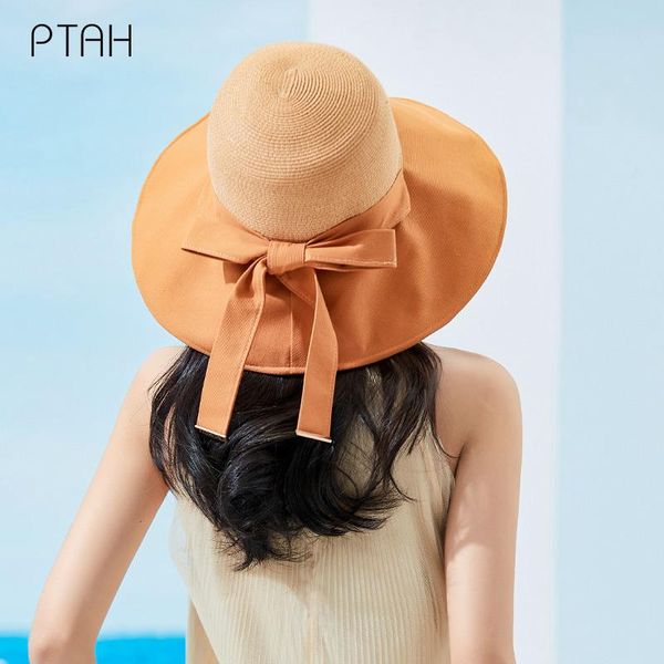 

wide brim hats [ptah] summer women's sun hat upf 50+ roll-up cap bow straw cloth foldable beach breathable protection visors, Blue;gray