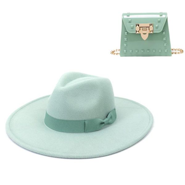 

wide brim hats 2-piece women's handbag bag 9.5cm big jazz hat for fall/winter 2021 fashion with mint green fedora, Blue;gray