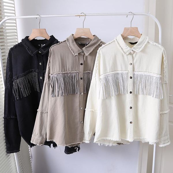 

women's jackets vintage stylish fringe beaded loose denim jacket coat women 2021 fashion long sleeve frayed trim ladies outerwear chaqu, Black;brown