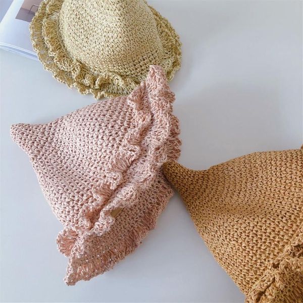 

summer children straw hat tide solid color fashion baby boys girls travel sun sunscreen hats 97bc caps &, Yellow