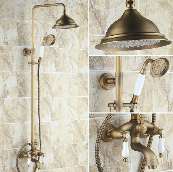 

vintage antique brass dual ceramic handles bathroom 8.2 inch round rain shower faucet set bath tub mixer tap hand mrs160 sets