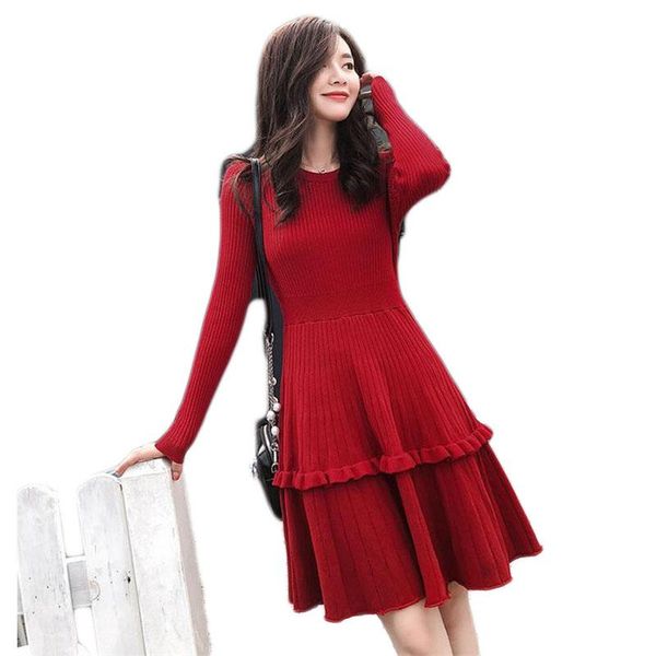 

casual dresses sweater dress women autumn winter long sleeve o-neck a-line pink ruffles slim female jumper knitted e440, Black;gray