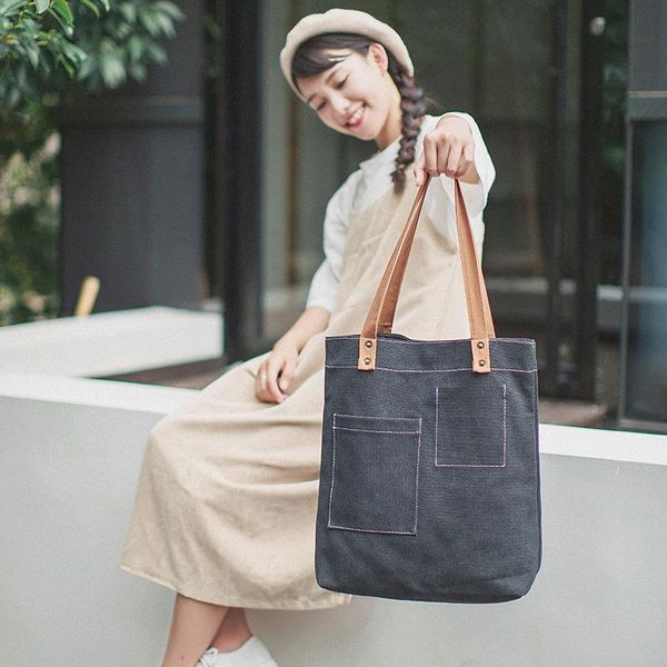 

korean canvas shoulder bag for women pocket purese solid color simple large capacity tote student shopping handbag wholesale bags