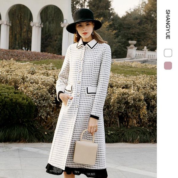 

women's trench coats doll collar waist hugging double-sided wool overcoat 2021 winter korean style plaid graceful woolen coat, Tan;black