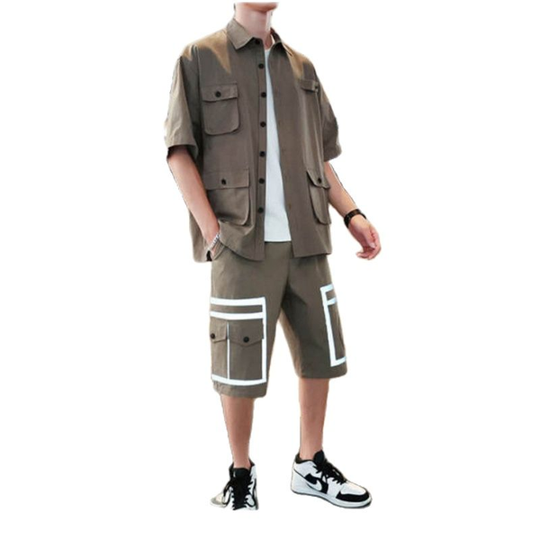 

summer shorts short sleeve shirt two pieces of korean fashion loose overalls suit male logo handsome casual a set men's tracksuits, Gray