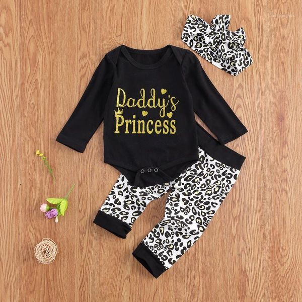 

baby & children's 0-18m born girls boys clothes sets long sleeve letter romper leopard elastic pants hairband 3pcs clothing1, White
