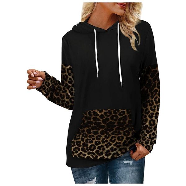 

women's hoodies & sweatshirts for women pullover leopard print long sleeve o-neck casual fall clothes with pocket, Black