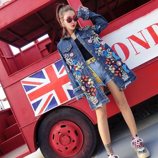 

women's jackets cotton denim jacket floral embroidery retro boho appliques coat women long outwear 2021 chaquetas by87, Black;brown