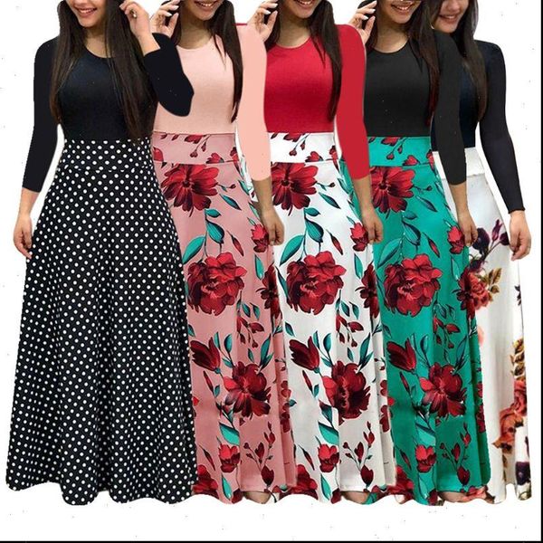 

autumn floral maxi vintage women dress splice long sleeve 5xl plus size casual elegant ladies dresses vestidos, Black;gray
